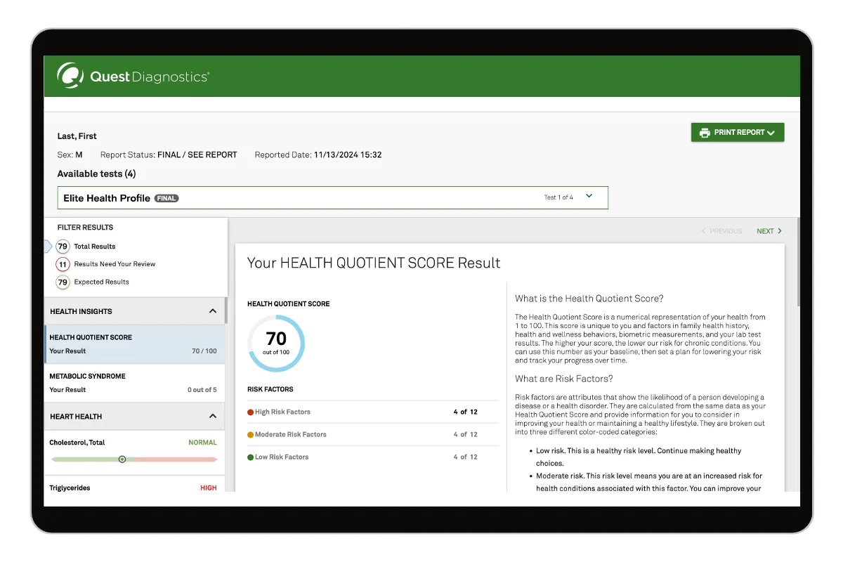 Quest Diagnostics Elite Health Profile, manufacturer product image